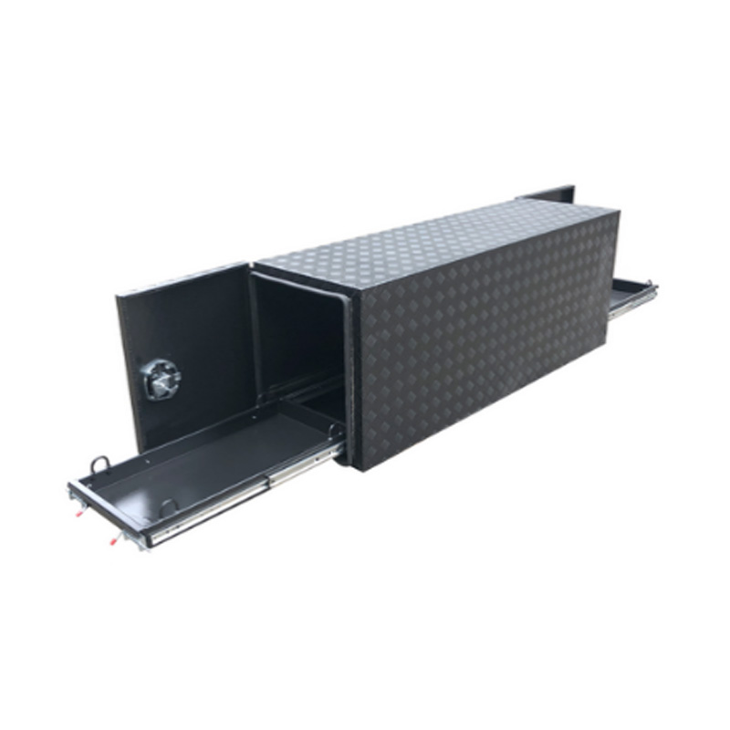 Caja de herramientas de aluminio de barra de trailer negra con diapositiva de refrigerador