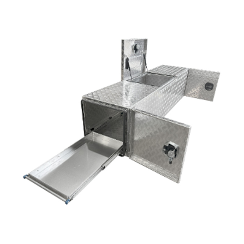 Caja de herramientas de barra de trailer de aluminio 3 tapa de tapa con toboganes para el refrigerador.